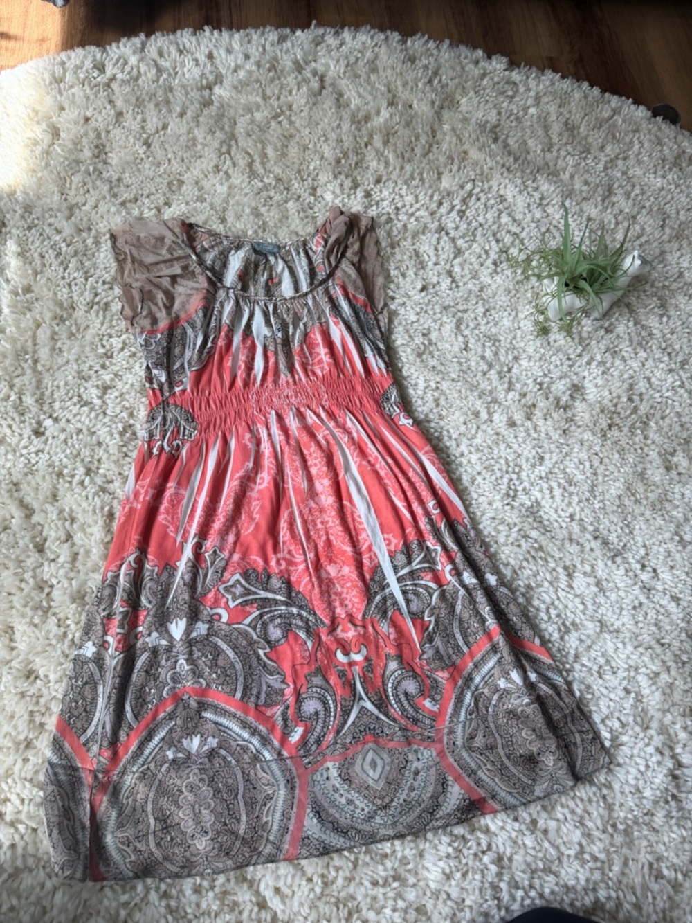 Paisley Coral and Taupe Smocked spring summer flowy Midi Dress - Picture 2 of 5